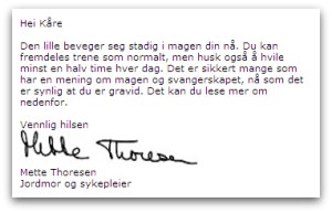 nyhtsbrev med teksten "Hei Kåre, den lille beveger seg stadig i magen osv."